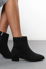 Verity Black Faux Suede Square Toe Ankle Boots with Low Block Heel