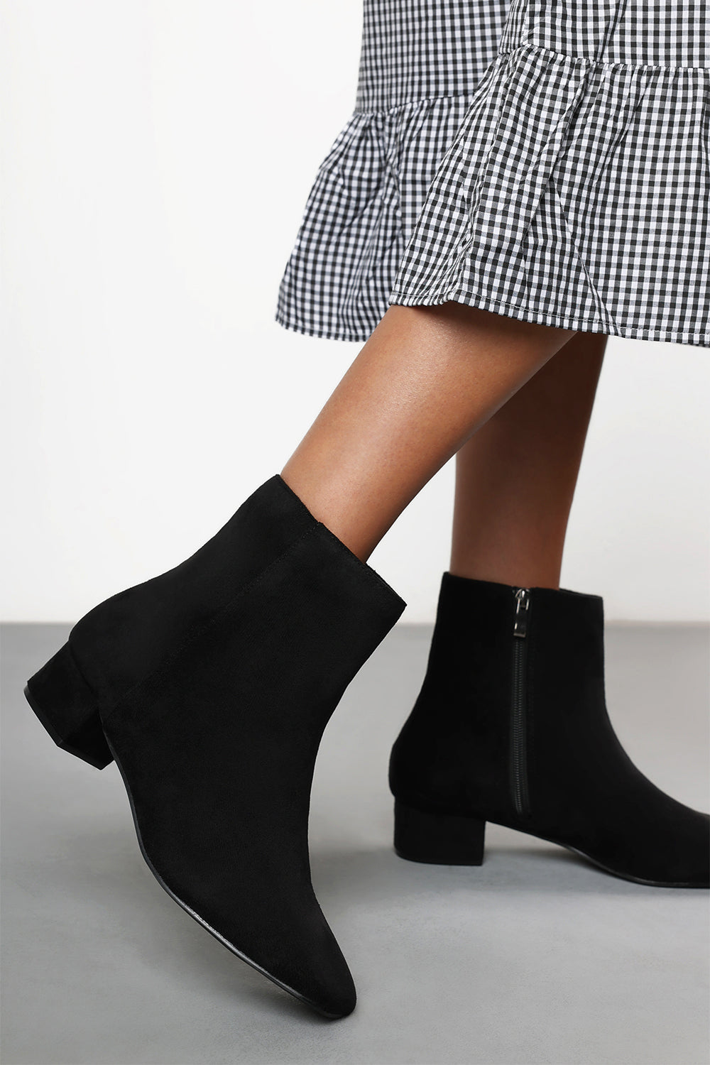 Verity Black Faux Suede Square Toe Ankle Boots with Low Block Heel