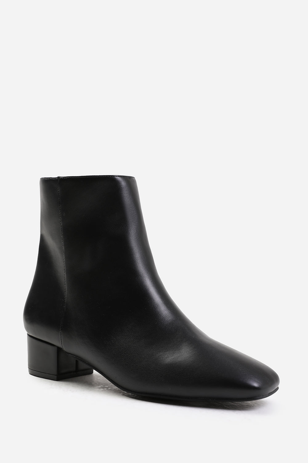 Verity Black Faux Leather Square Toe Ankle Boots with Low Block Heel