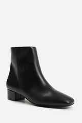 Verity Black Faux Leather Square Toe Ankle Boots with Low Block Heel