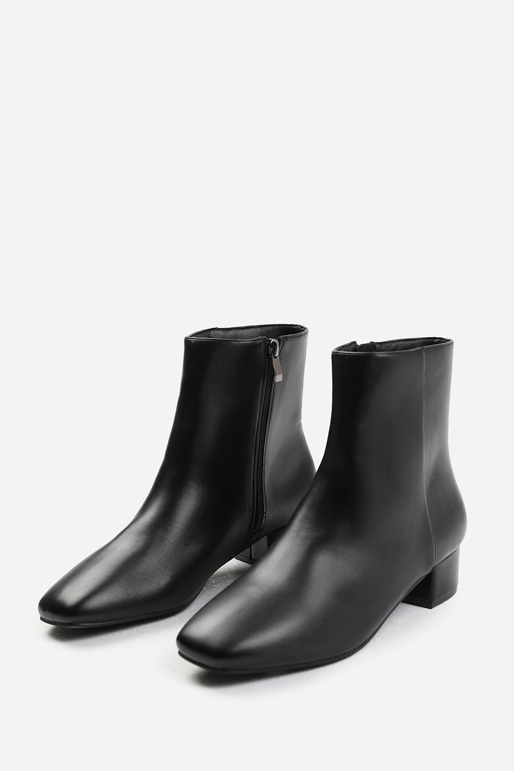 Verity Black Faux Leather Square Toe Ankle Boots with Low Block Heel