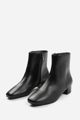 Verity Black Faux Leather Square Toe Ankle Boots with Low Block Heel