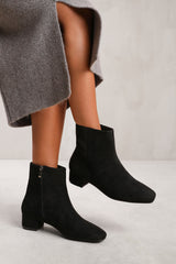 PHILADELPHIA WIDE FIT LOW BLOCK HEEL ANKLE BOOT WITH SIDE ZIP IN BLACK SUEDE