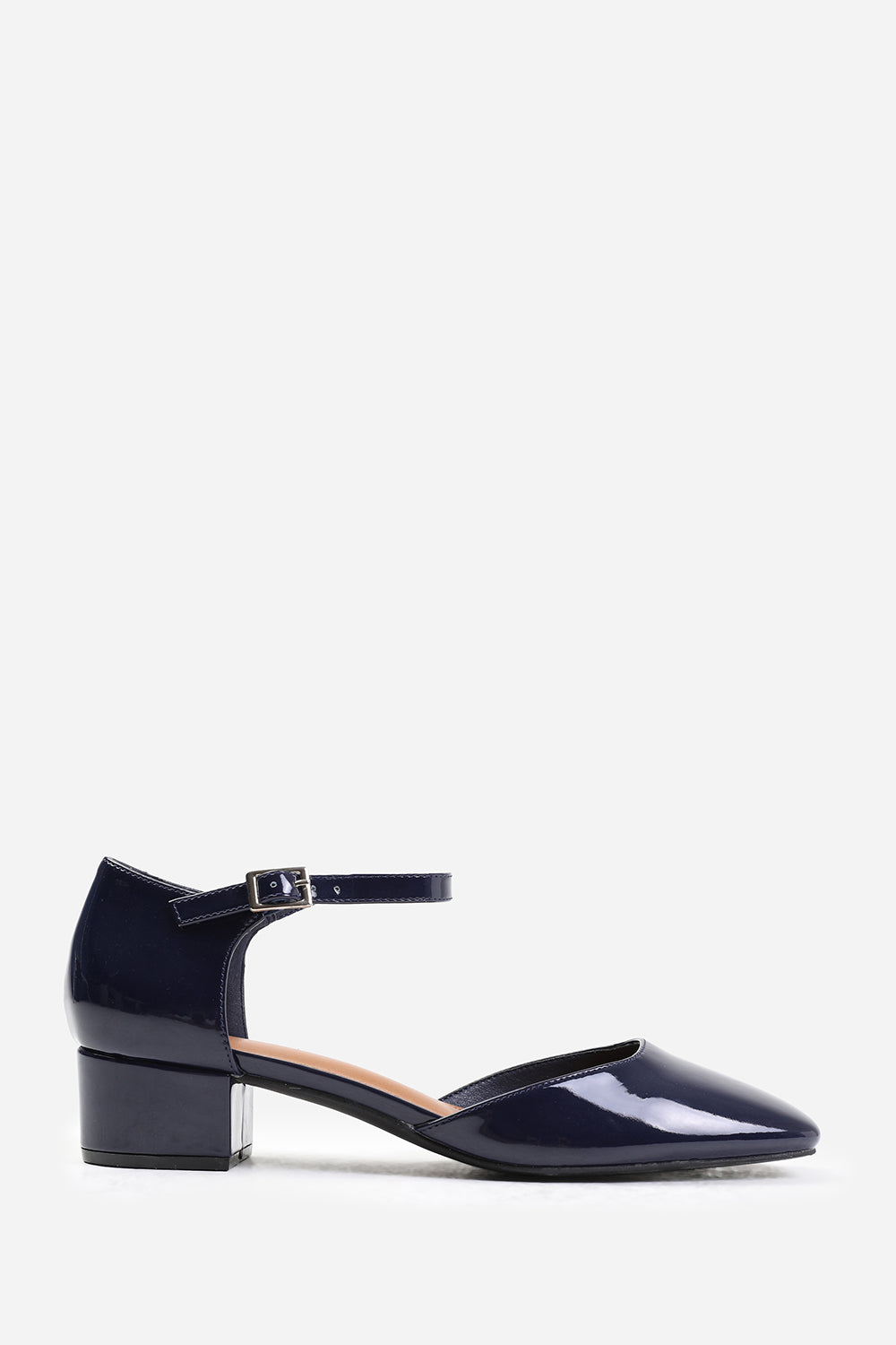 SINGAPORE SQUARE TOE LOW BLOCK HEEL WITH STRAP IN NAVY PATENT