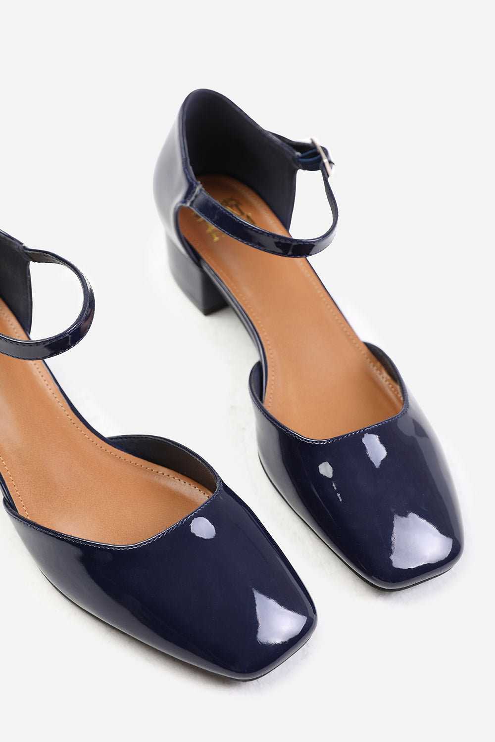 SINGAPORE WIDE FIT SQUARE TOE LOW BLOCK HEEL WITH STRAP IN NAVY PATENT