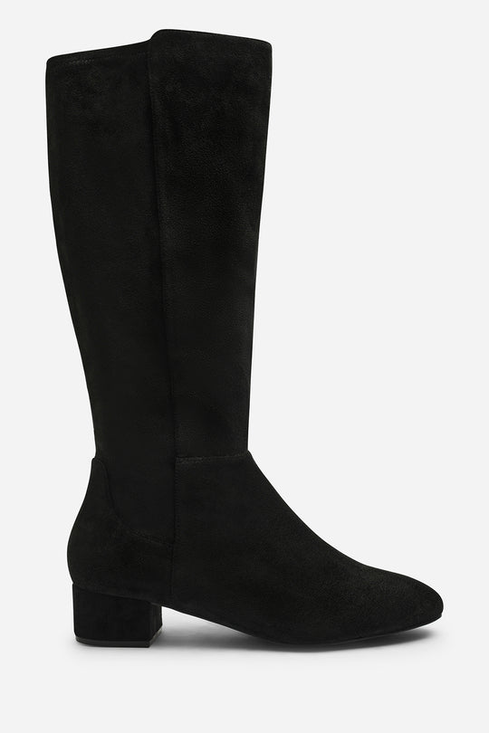 Paislee Round Toe Block Heel Stretch Suede Boots In Black