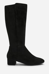 Paislee Round Toe Block Heel Stretch Suede Boots In Black