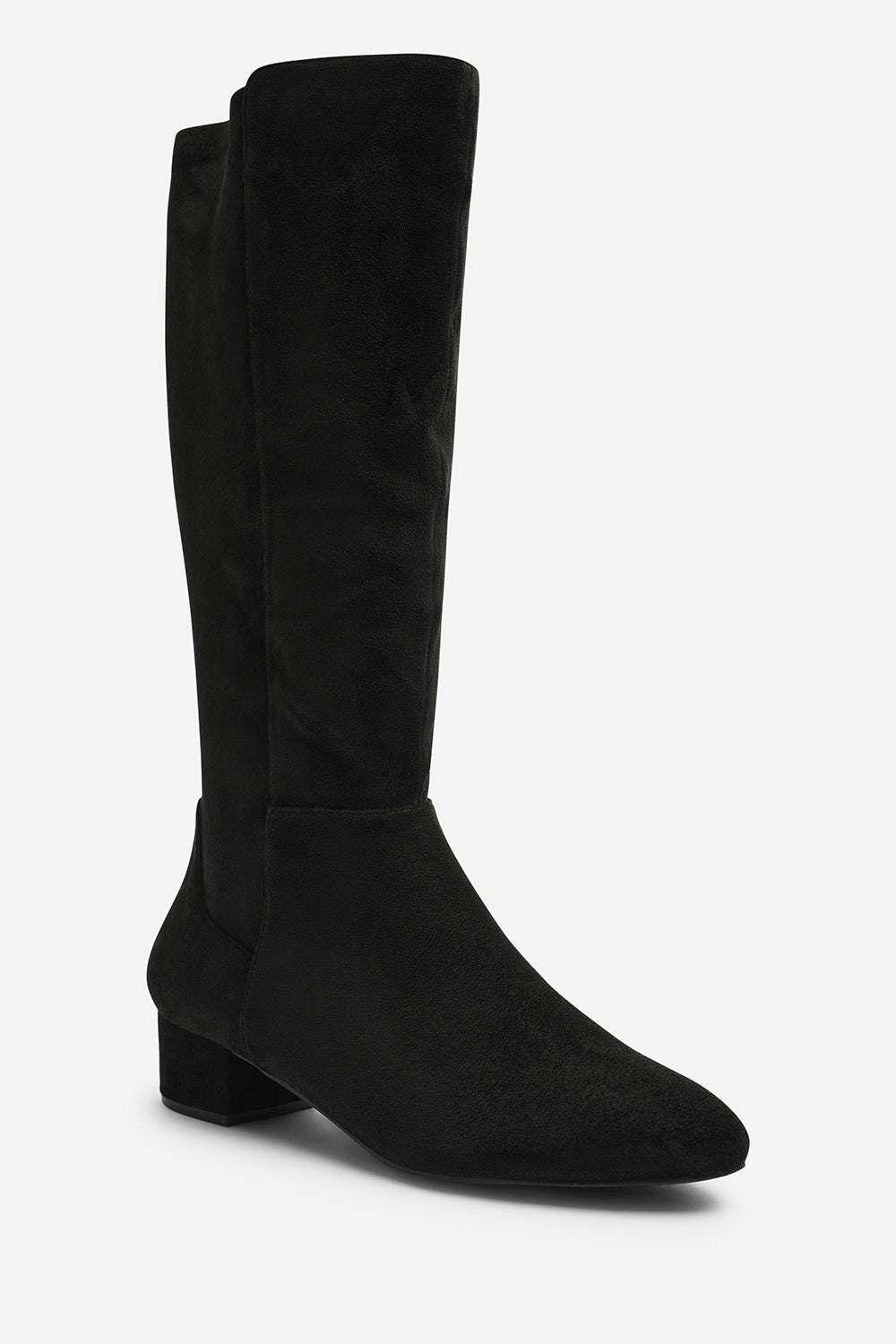 Paislee Wide Fit Round Toe Block Heel Stretch Suede Boots In Black