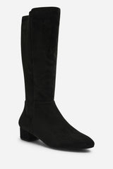 Paislee Round Toe Block Heel Stretch Suede Boots In Black