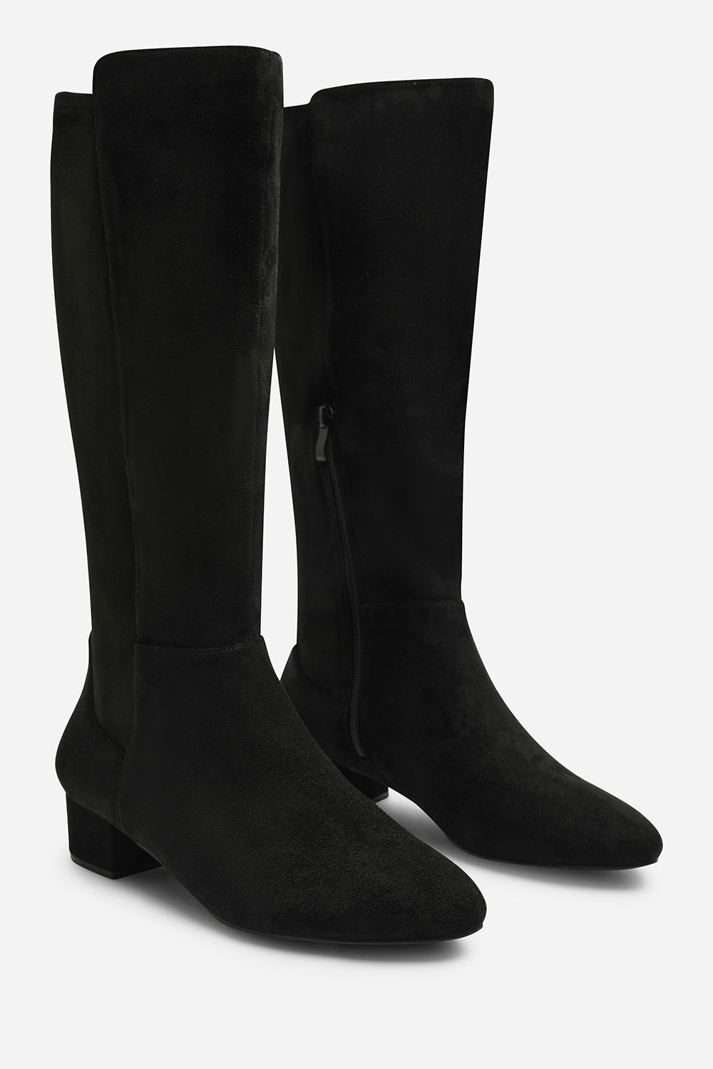 Paislee Round Toe Block Heel Stretch Suede Boots In Black