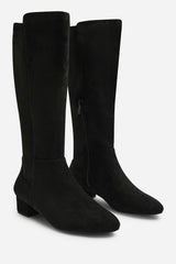Paislee Round Toe Block Heel Stretch Suede Boots In Black