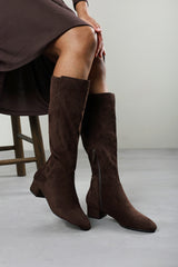Paislee Round Toe Block Heel Stretch Suede Boots In Dark Brown