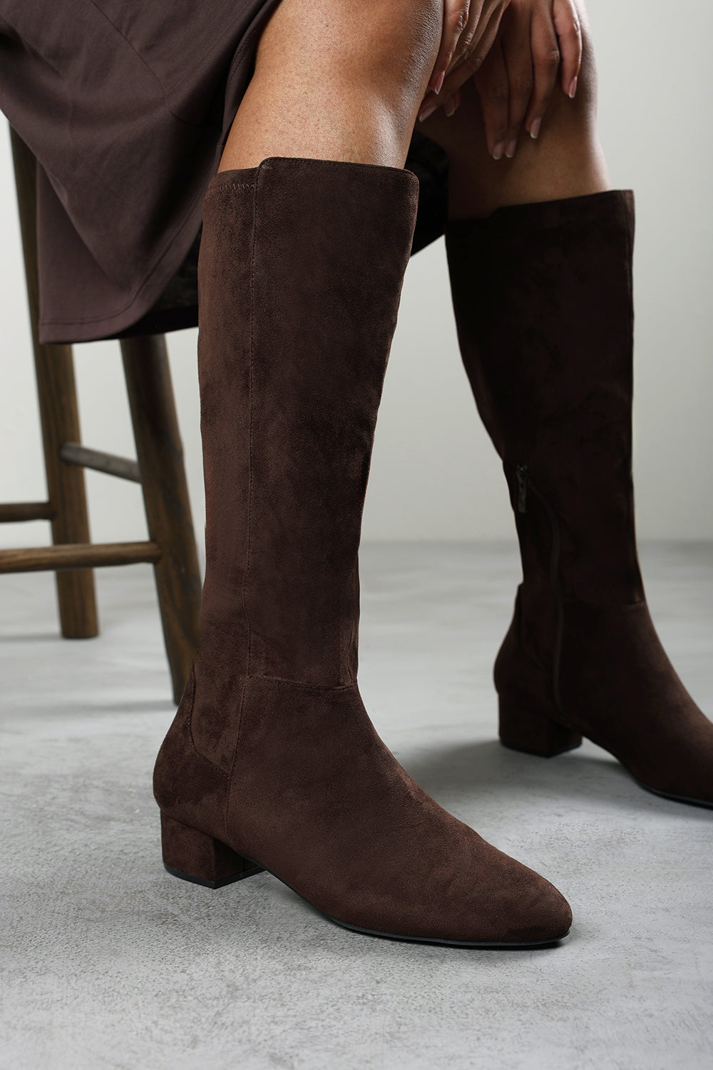 Paislee Wide Fit Round Toe Block Heel Stretch Suede Boots In Dark Brown