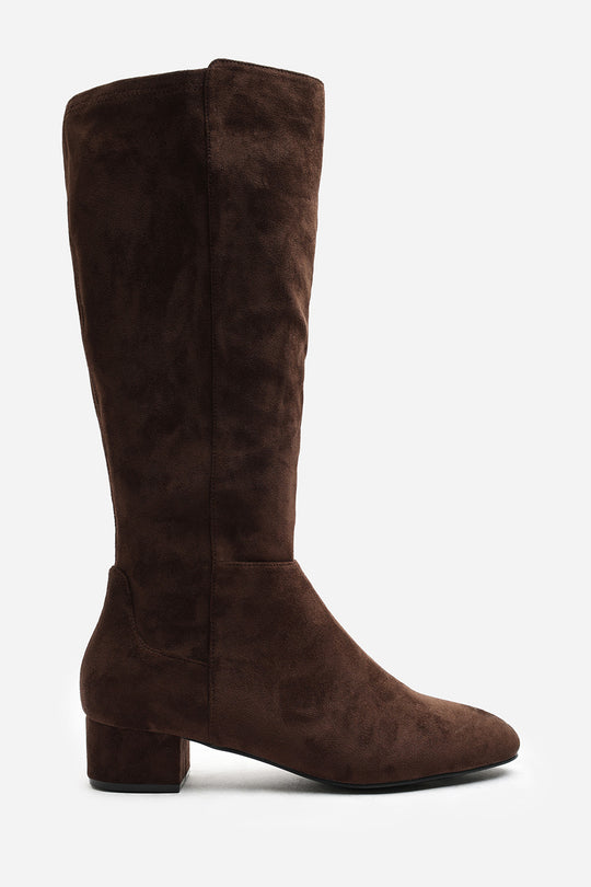 Paislee Round Toe Block Heel Stretch Suede Boots In Dark Brown