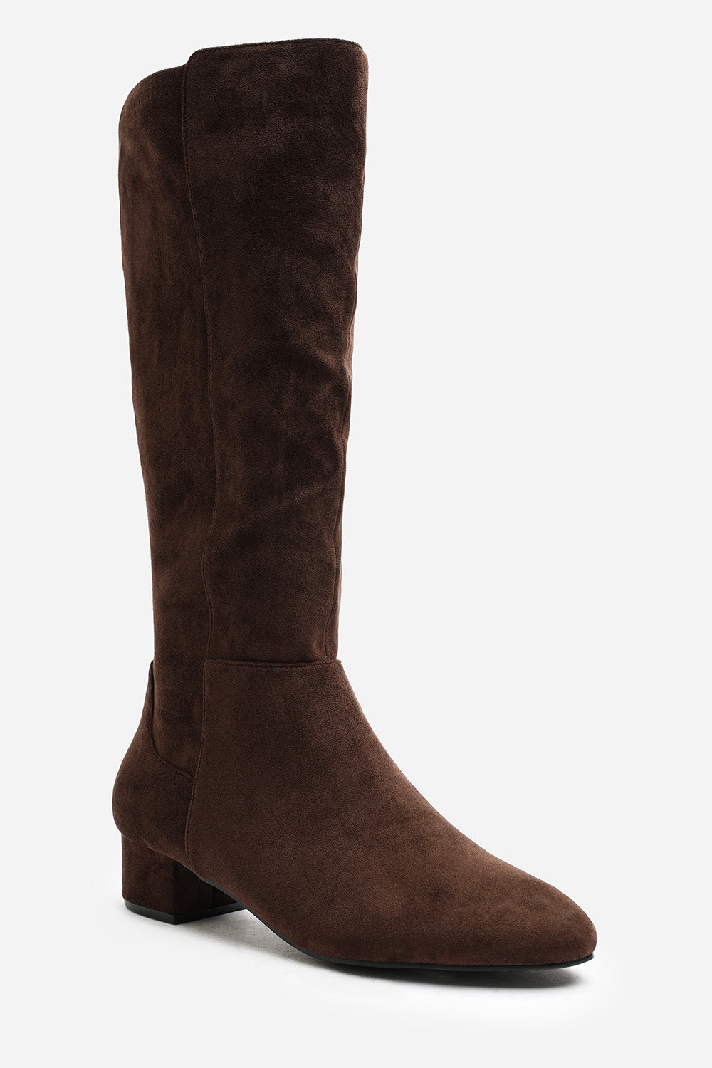 Paislee Wide Fit Round Toe Block Heel Stretch Suede Boots In Dark Brown