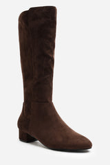 Paislee Wide Fit Round Toe Block Heel Stretch Suede Boots In Dark Brown