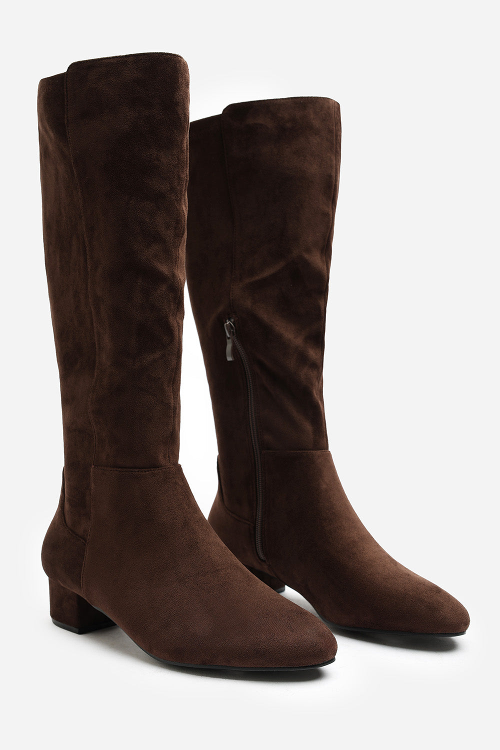 Paislee Round Toe Block Heel Stretch Suede Boots In Dark Brown