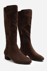 Paislee Wide Fit Round Toe Block Heel Stretch Suede Boots In Dark Brown