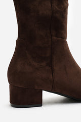 Paislee Wide Fit Round Toe Block Heel Stretch Suede Boots In Dark Brown