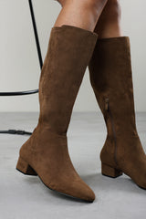 Paislee Round Toe Block Heel Stretch Suede Boots In Light Brown
