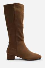 Paislee Wide Fit Round Toe Block Heel Stretch Suede Boots In Light Brown
