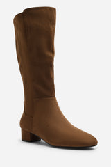 Paislee Wide Fit Round Toe Block Heel Stretch Suede Boots In Light Brown