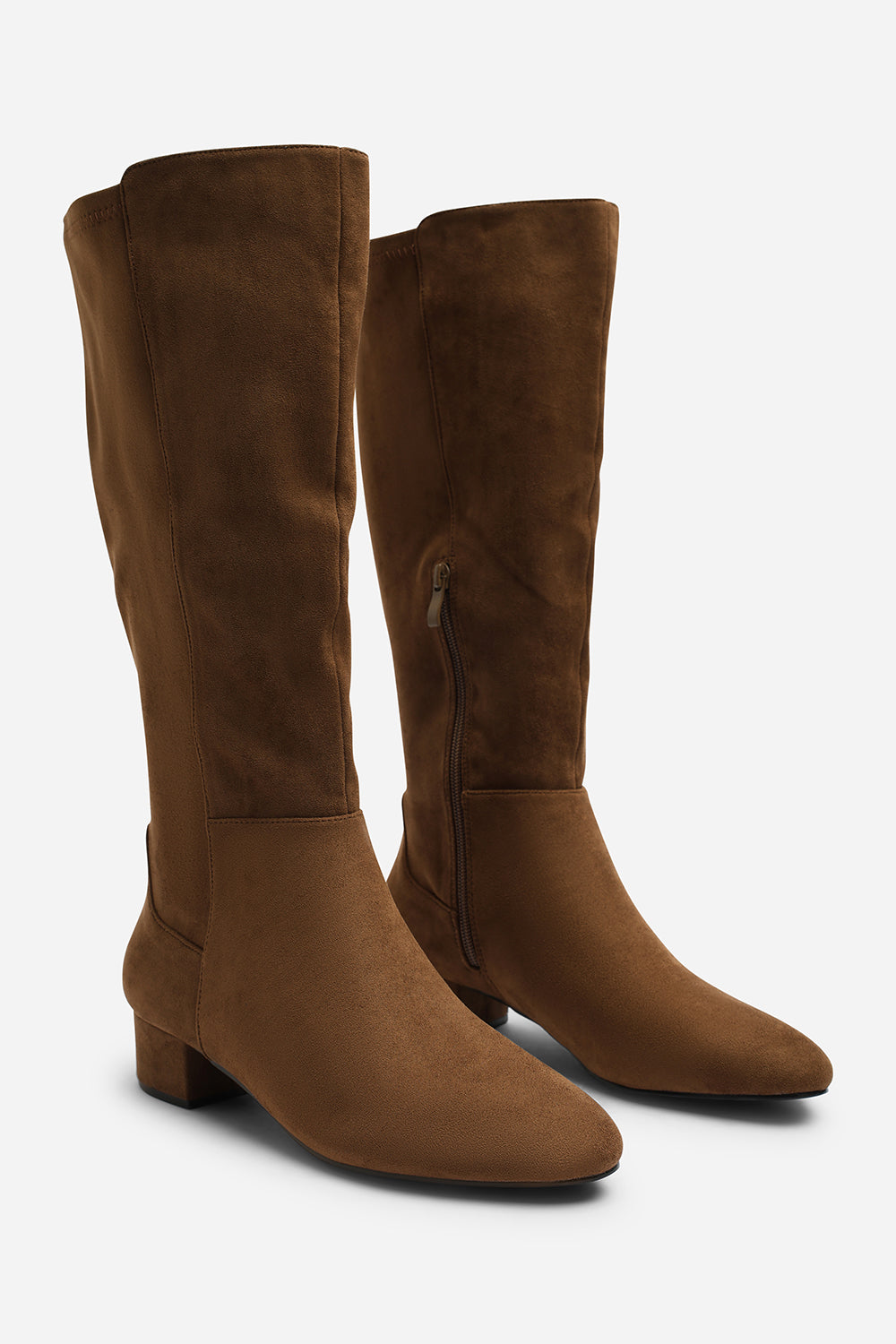Paislee Round Toe Block Heel Stretch Suede Boots In Light Brown
