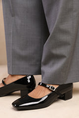 OSLO WIDE FIT LOW BLOCK HEEL WITH STRAP AND SQUARE TOE IN BLACK PATENT