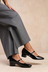 Maura Wide Fit Girl's School Block Heel Buckle Strap Mary Jane Shoes In Black Patent
