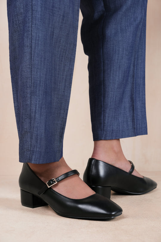 Maura Wide Fit Girl's School Block Heel Buckle Strap Mary Jane Shoes In Black Faux Leather