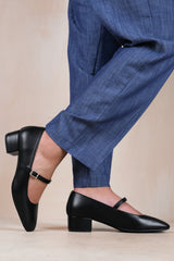 Maura Girl's School Block Heel Buckle Strap Mary Jane Shoes In Black Faux Leather