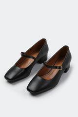 OSLO LOW BLOCK HEEL WITH STRAP AND SQUARE TOE IN BLACK FAUX LEATHER