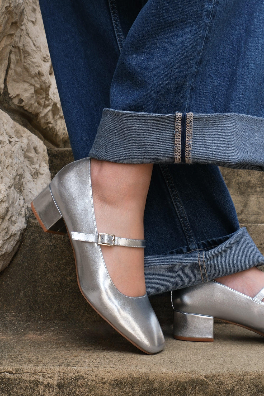 Maura Wide Fit Girl's School Block Heel Buckle Strap Mary Jane Shoes In Silver Faux Leather