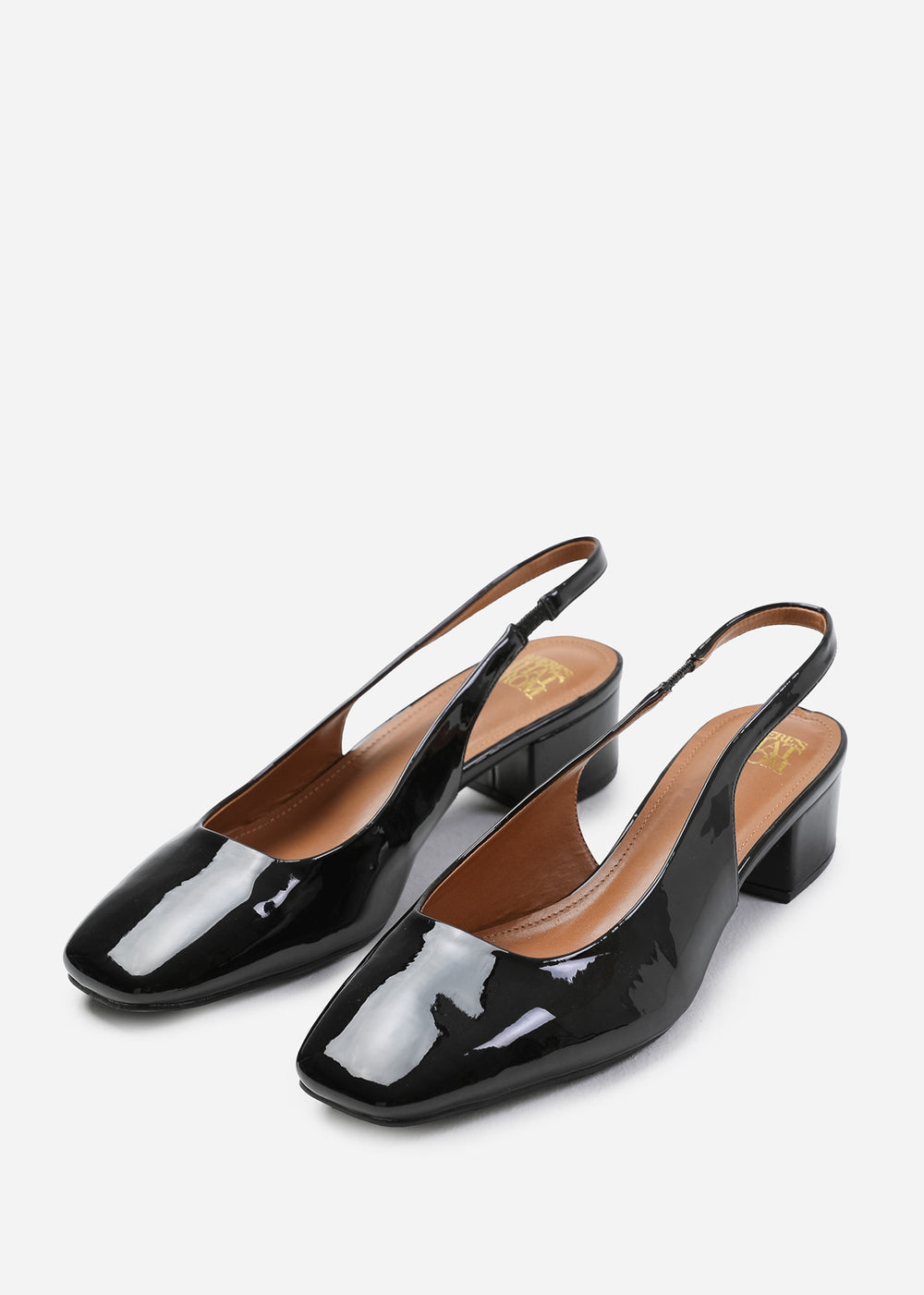 MICHIGAN SQUARE TOE SLING BACK LOW BLOCK HEELS IN BLACK PATENT