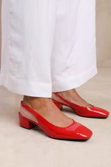 MICHIGAN SQUARE TOE SLING BACK LOW BLOCK HEELS IN RED PATENT