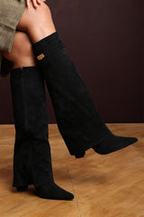 Keira Fold Over Shark Block Heel Point Toe Boots in Black Suede