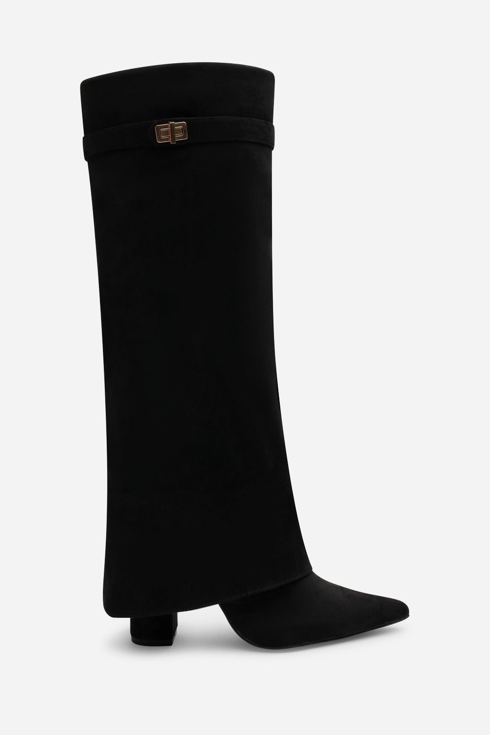 Keira Fold Over Shark Block Heel Point Toe Boots in Black Suede