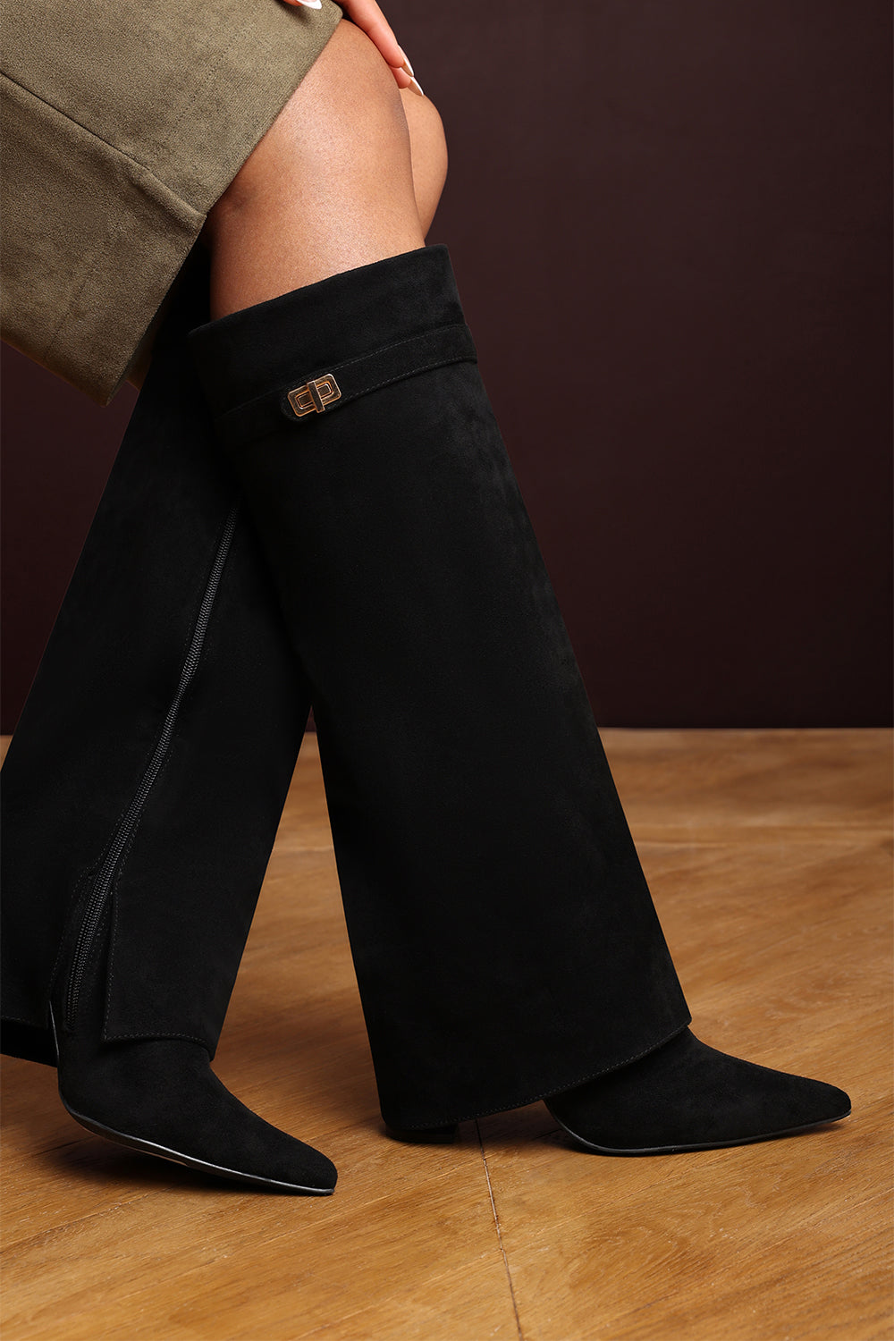 Keira Fold Over Shark Block Heel Point Toe Boots in Black Suede