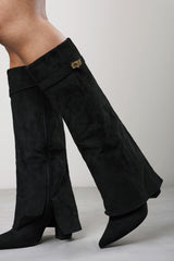 Keira Fold Over Shark Block Heel Point Toe Boots in Black Suede