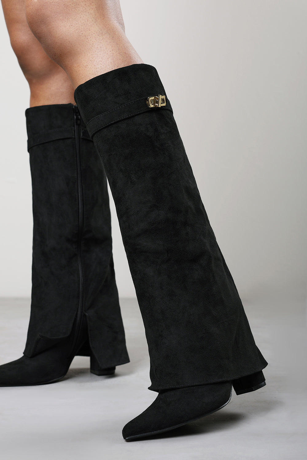 Keira Fold Over Shark Block Heel Point Toe Boots in Black Suede