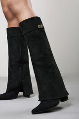 Keira Fold Over Shark Block Heel Point Toe Boots in Black Suede