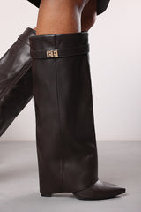 Keira Fold Over Shark Block Heel Point Toe Boots in Brown Faux Leather