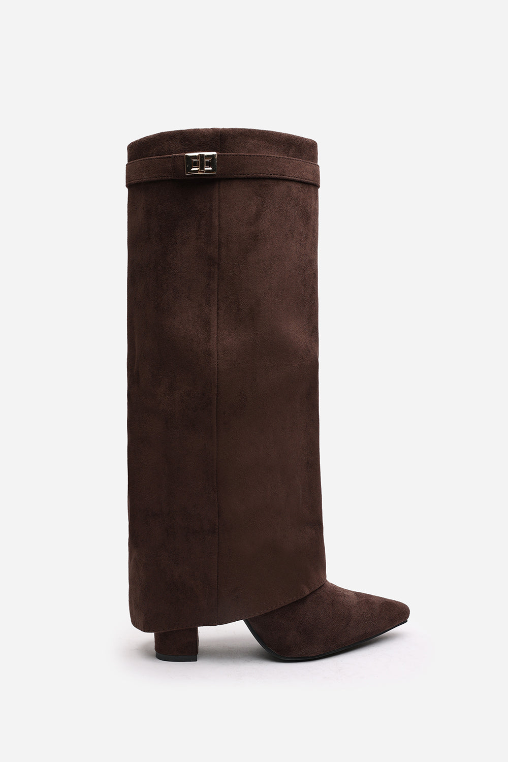 Frelia Brown Suede Pointed Toe Foldover Knee High Block Heel Boots
