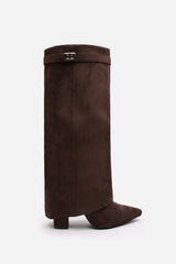Frelia Brown Suede Pointed Toe Foldover Knee High Block Heel Boots