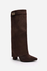 Frelia Brown Suede Pointed Toe Foldover Knee High Block Heel Boots