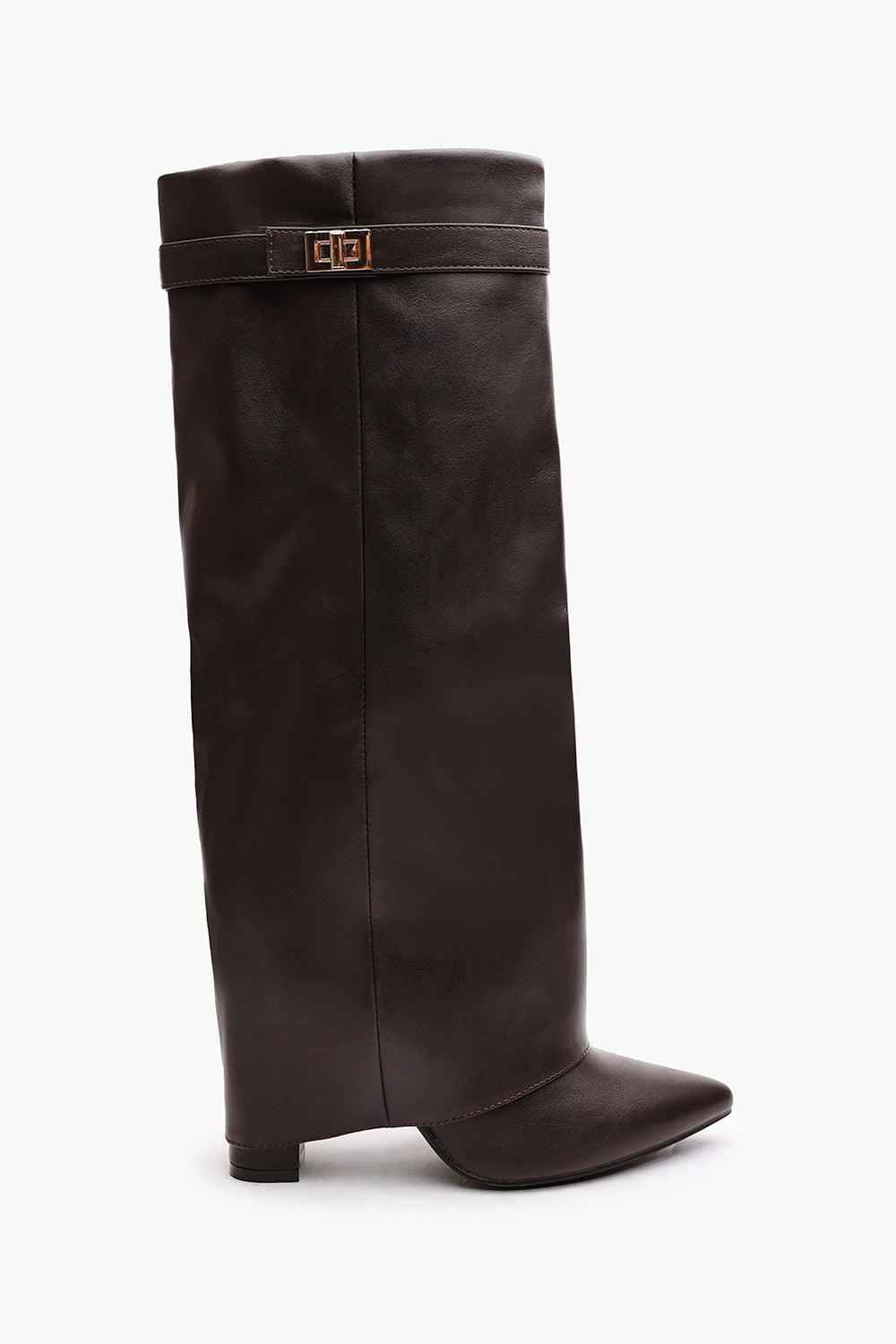 Frelia Brown Pointed Toe Foldover Knee High Block Heel Boots