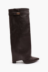 Frelia Brown Pointed Toe Foldover Knee High Block Heel Boots