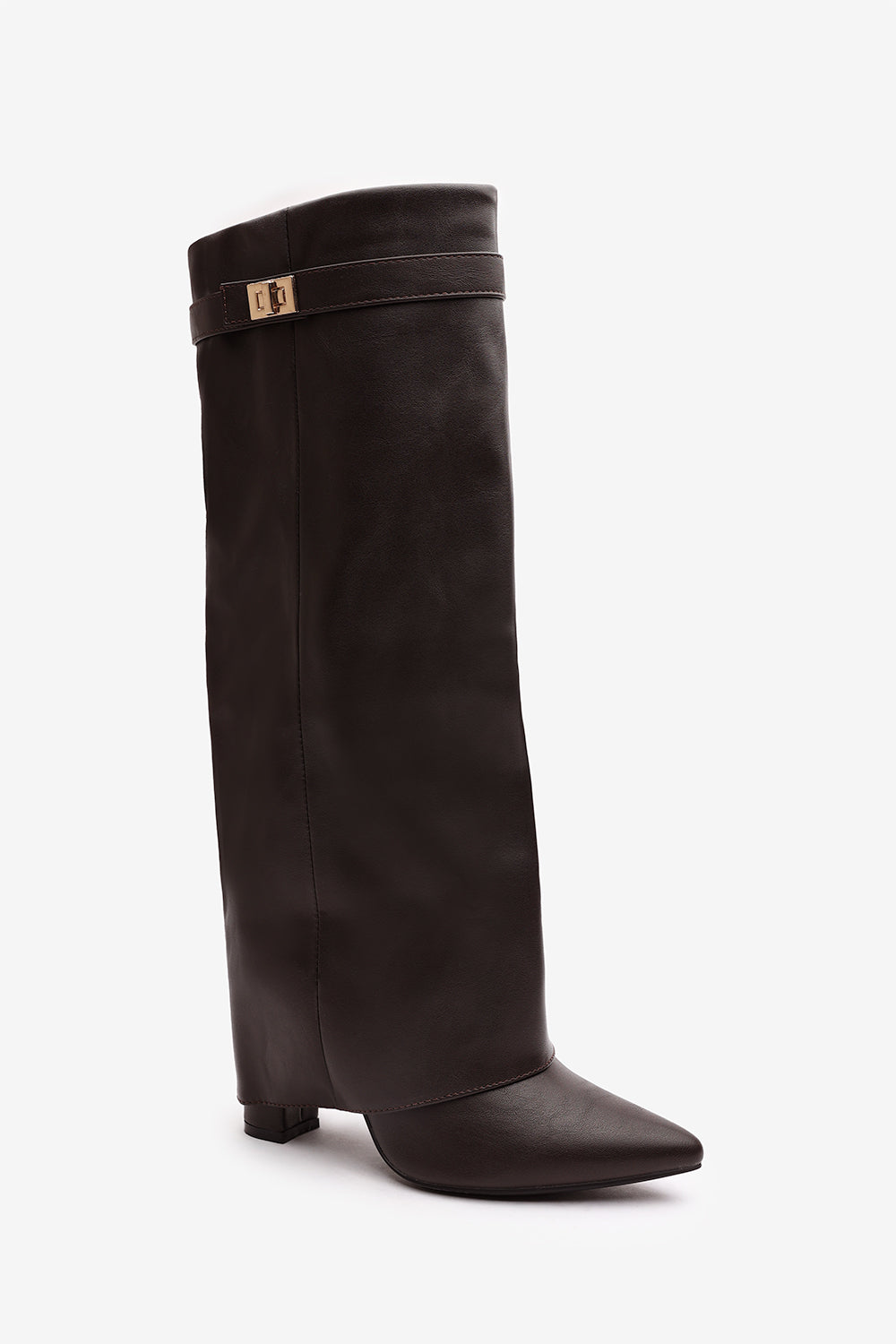 Frelia Brown Pointed Toe Foldover Knee High Block Heel Boots