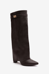 Frelia Brown Pointed Toe Foldover Knee High Block Heel Boots