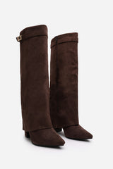 Frelia Brown Suede Pointed Toe Foldover Knee High Block Heel Boots